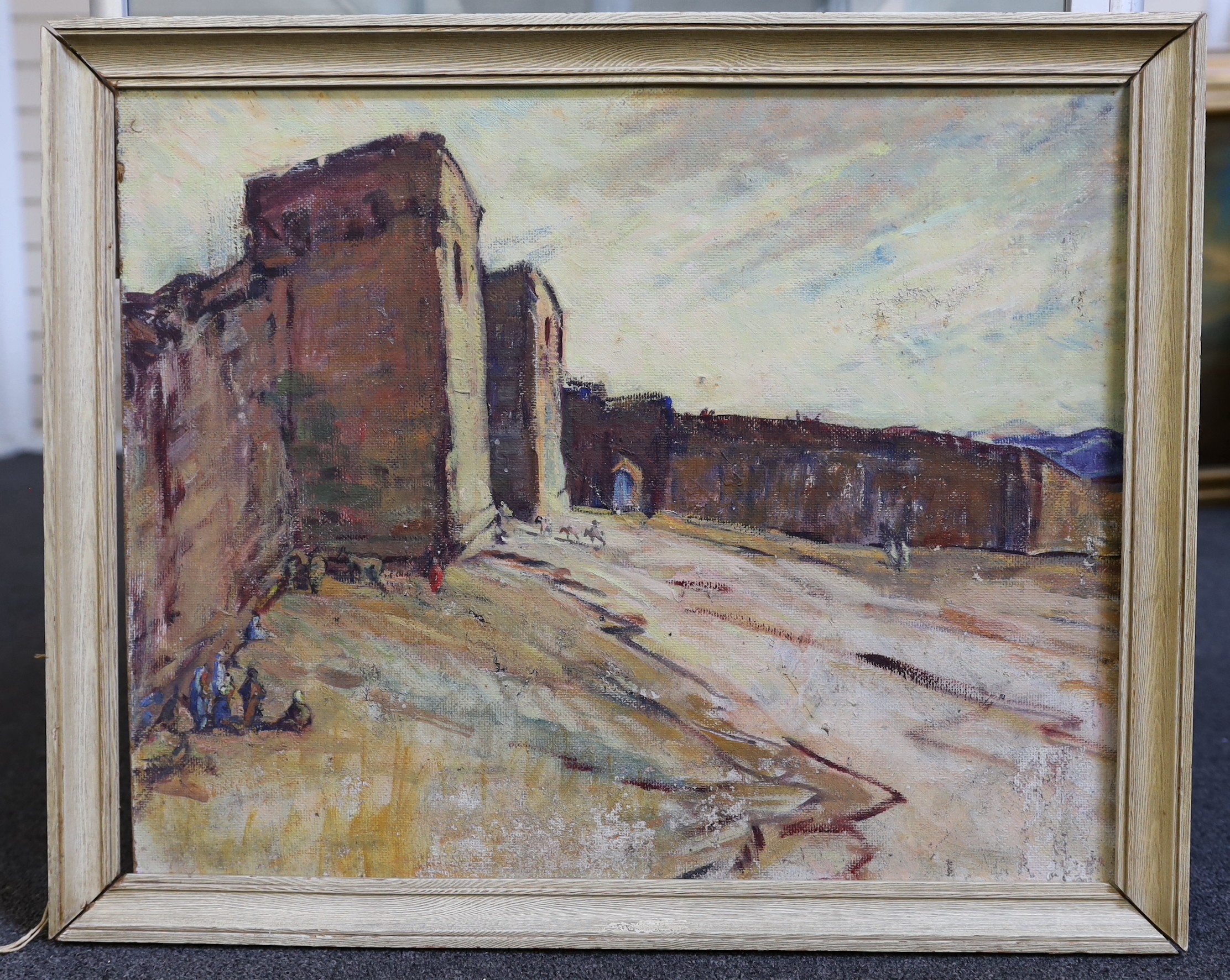 Manner of David Bomberg, oil on hardboard, North African city walls, inscribed verso, 44 x 56cm